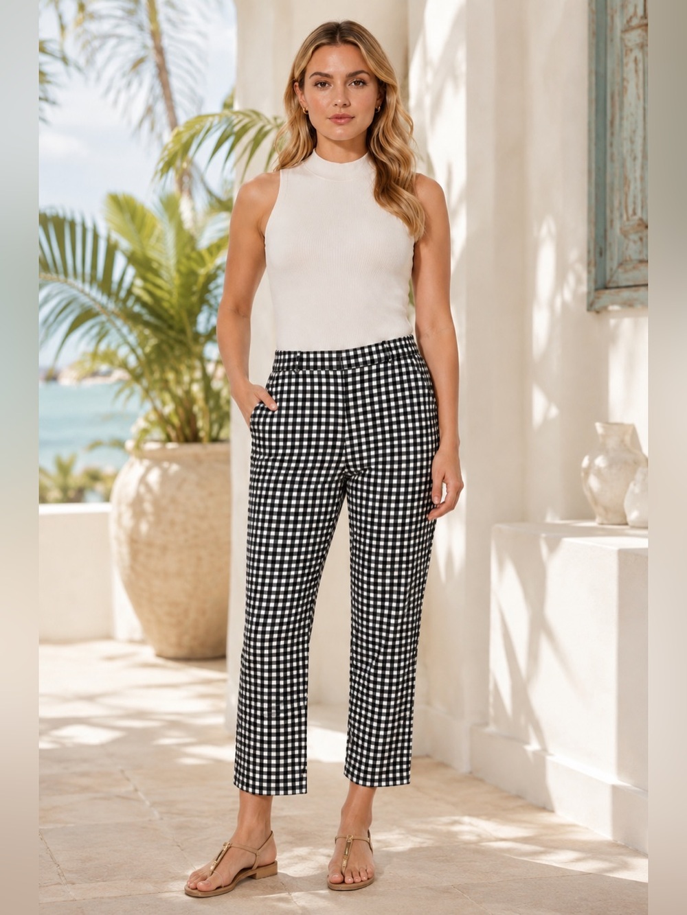 Calypso St Barth Women’s Pants 8 Black White Gingham Check Slim Ankle Trousers